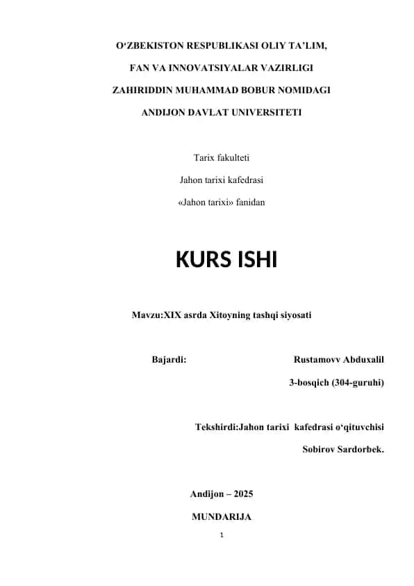 XIX asrda Xitoyning tashqi siyosati