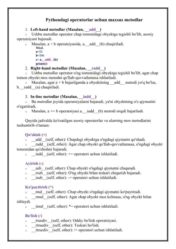Pythondagi operatorlar uchun maxsus metodlar