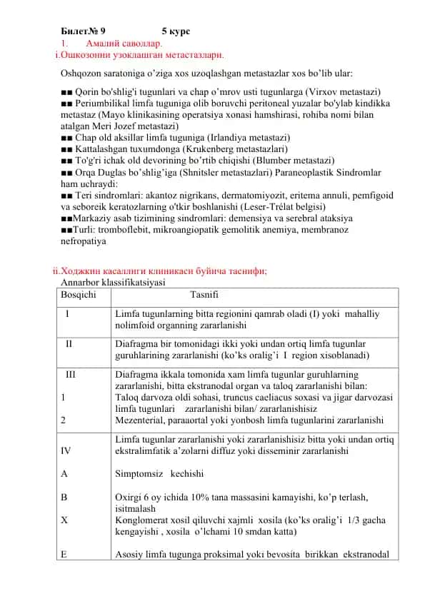 Oshqozonning Metastazlari va Paraneoplastik Sindromlar
