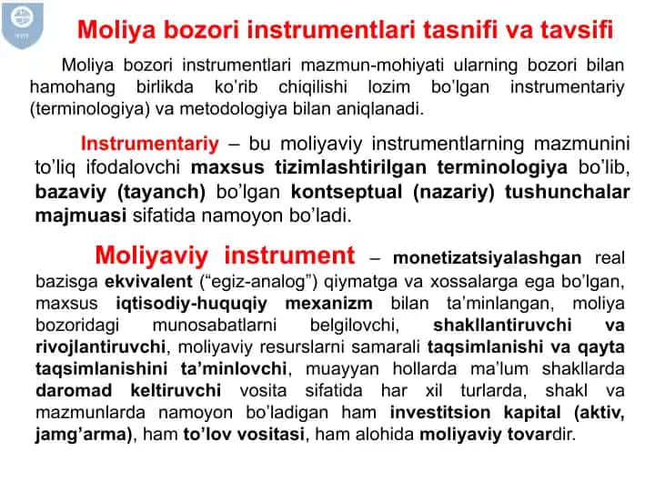 Moliya bozori instrumentlari tasnifi va tavsifi