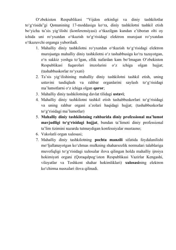 Mahalliy diniy tashkilotni ro‘yxatdan o‘tkazish bo‘yicha elektron murojaat tayyorlash