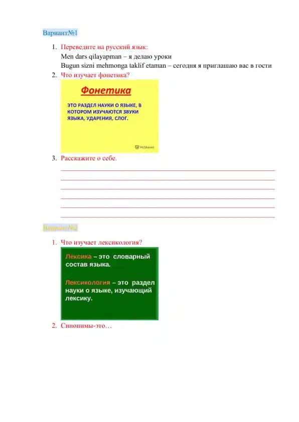 Rus tili dars ishlari uchun variantli taqdimot