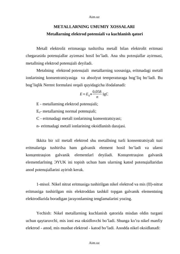 Metallarning Umumiy Xossalari