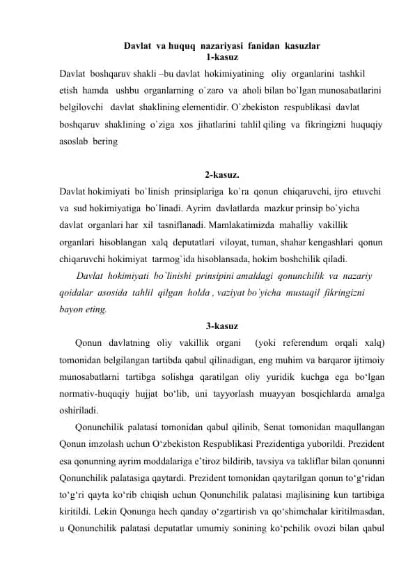 Davlat va Huquq Nazariyasi Fanidan Kasuzlar