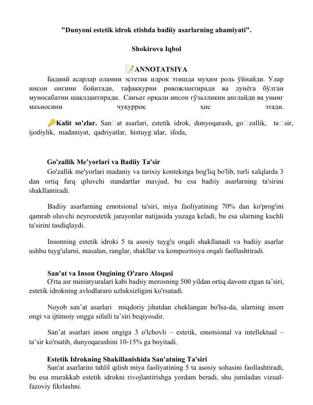 Go'zallik Me'yorlari va Badiiy Ta'sir