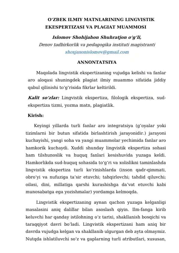 O‘zbek Ilmiy Matnlarining Lingvistik Ekespertizasi va Plagiat Muammosi
