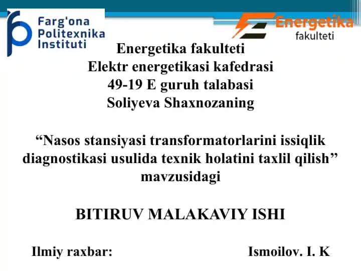 Nasos stansiyasi transformatorlarini issiqlik diagnostikasi