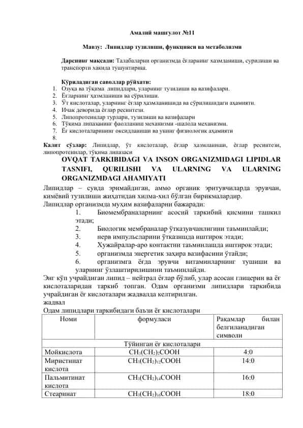 Lipidlar tuzilishi, funksiyasi va metabolizmi