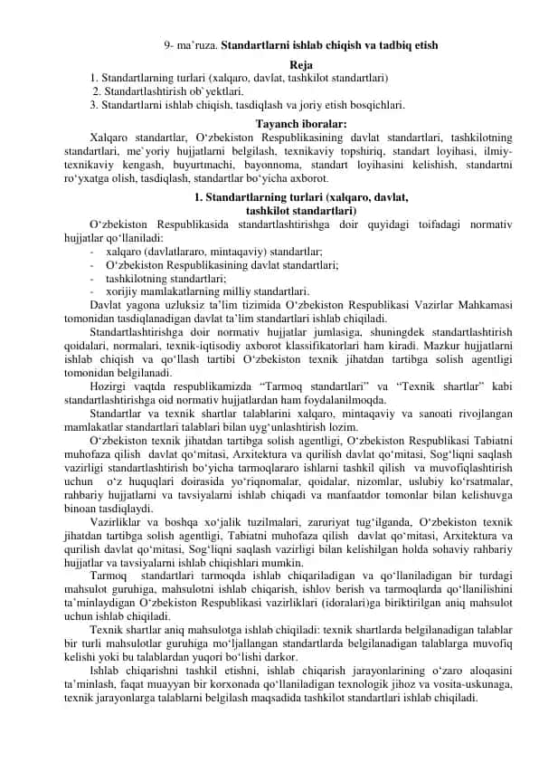 Standartlarni ishlab chiqish va tadbiq etish