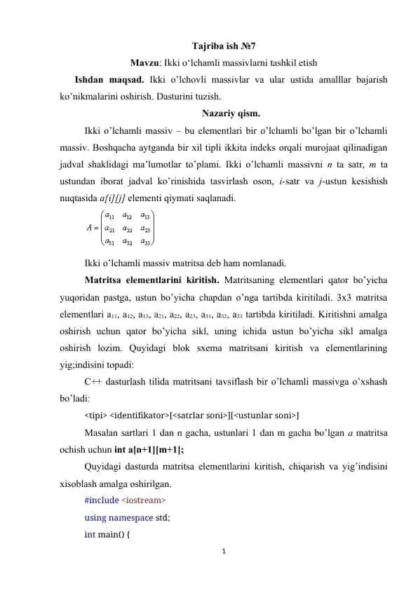 Ikki o‘lchamli massivlarni tashkil etish