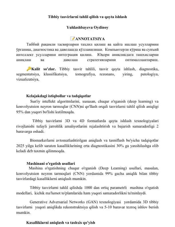 Tibbiy tasvirlarni tahlil qilish va qayta ishlash