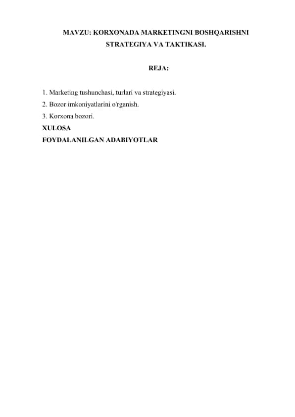 Marketingni boshqarish strategiyasi va taktikasi