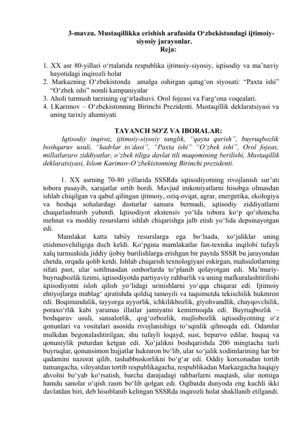 O‘zbekistondagi Mustaqillikka erishish jarayonlari