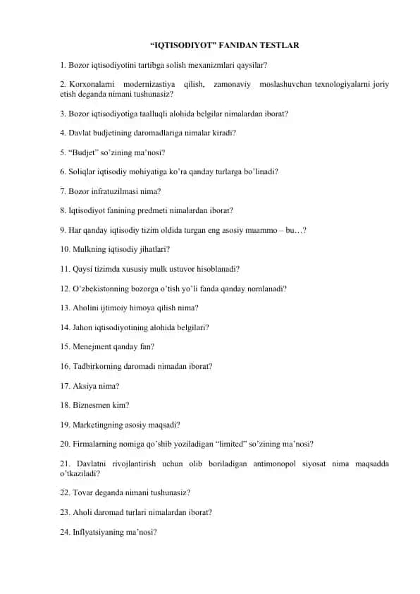 IQTISODIYOT fanidan testlar