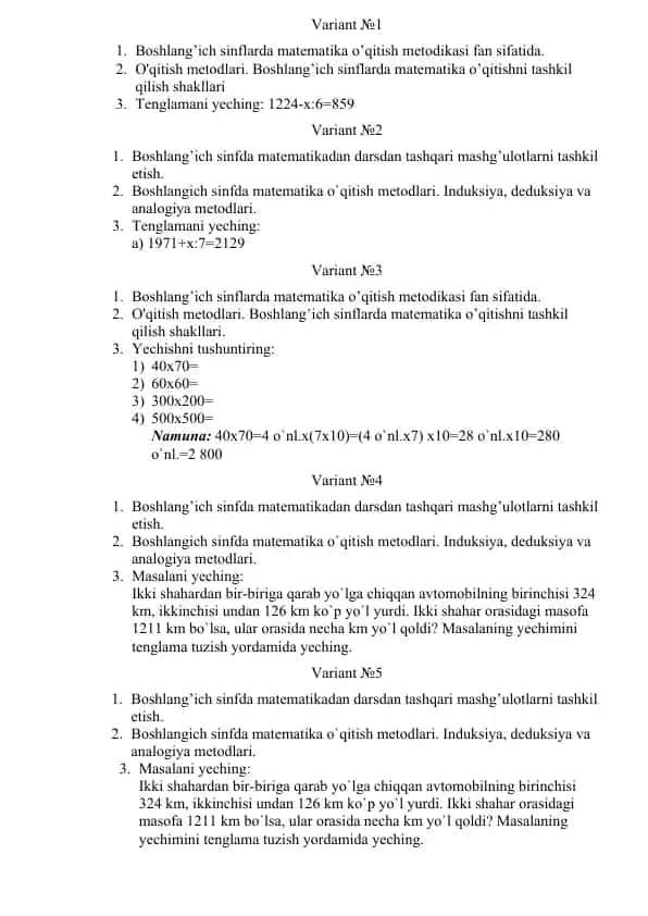 Boshlang'ich sinflarda matematika o'qitish metodikasi