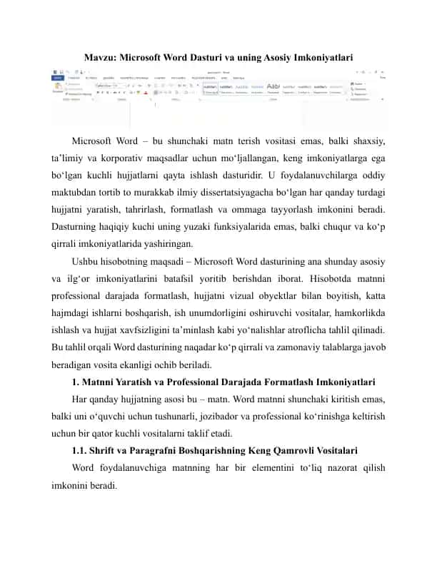 Microsoft Word Dasturi va uning Asosiy Imkoniyatlari