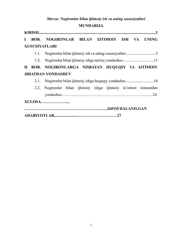 Kurs ishi: Nogironlar bilan ijtimoiy ish va uning xususiyatlari
