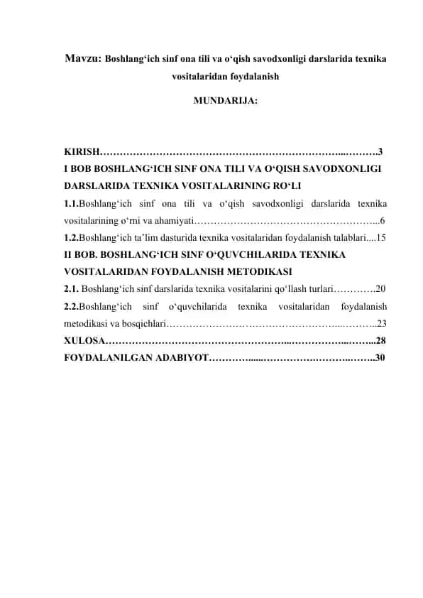 Boshlang‘ich sinf ona tili va o‘qish savodxonligi darslarida texnika vositalaridan foydalanish