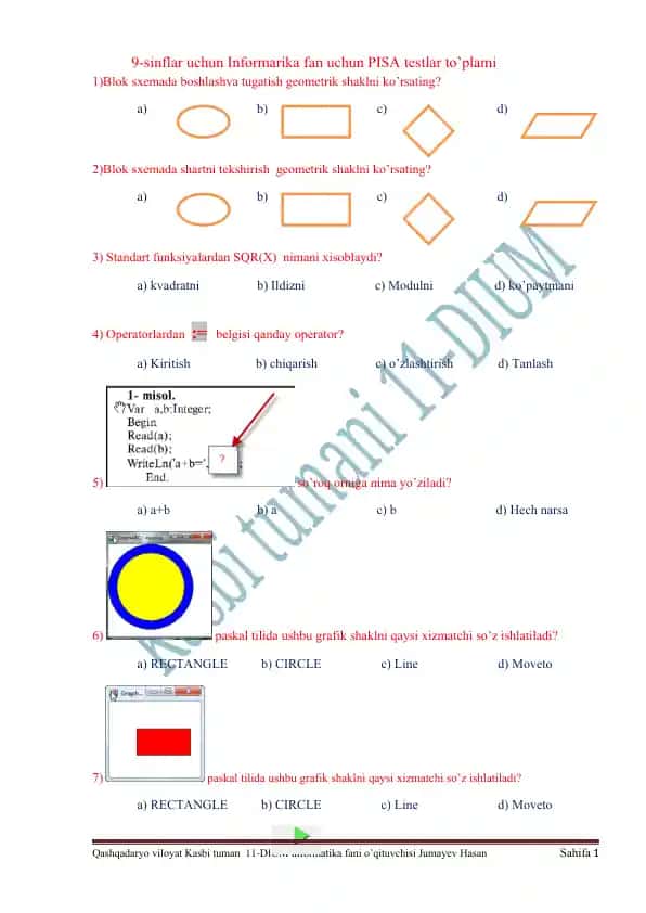 9-sinflar uchun Informarika fan uchun PISA testlar to’plami
