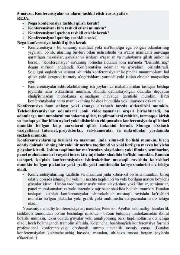 Konferensiyalar va ularni tashkil etish xususiyatlari