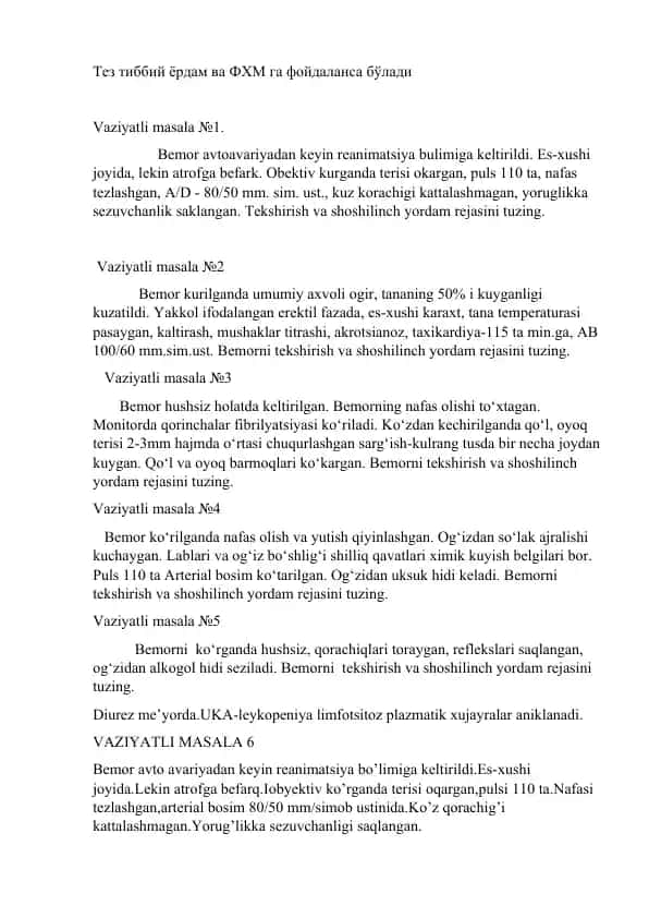 Tez tibbiy yordam rejasini tuzish