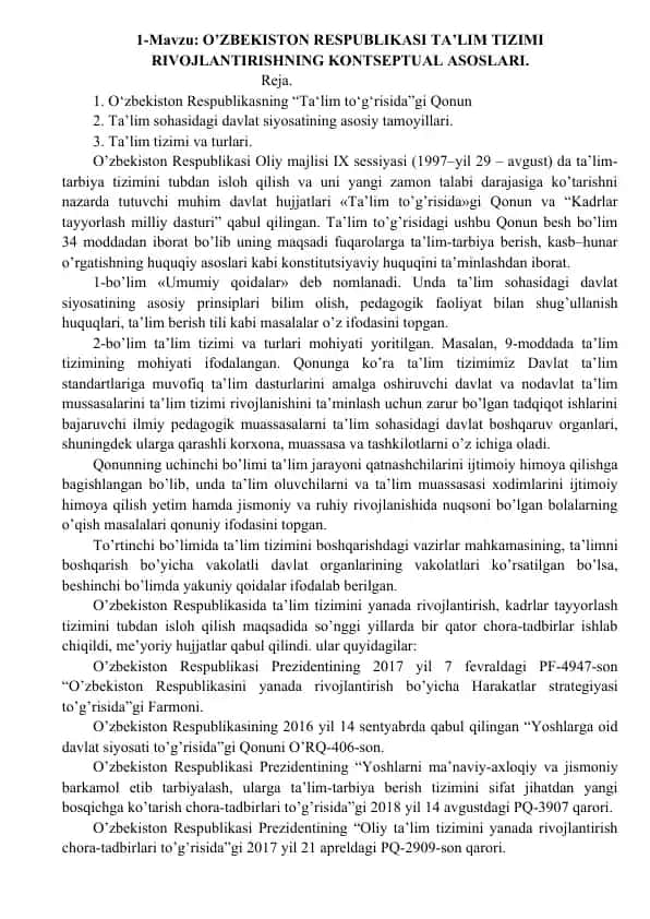O‘ZBEKISTON RESPUBLIKASI TA’LIM TIZIMI RIVOJLANTIRISHNING KONTSEPTUAL ASOSLARI