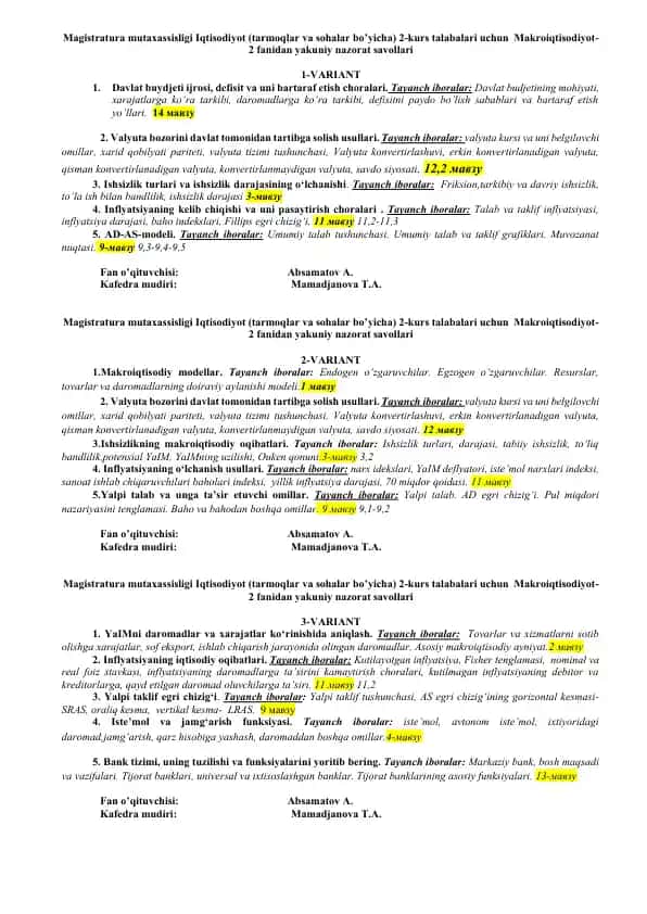 Makroiqtisodiyot-2 fanidan yakuniy nazorat savollari