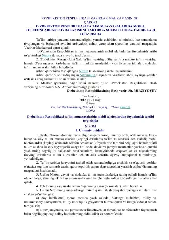 O‘zbekiston Respublikasi Ta’lim Muassasalarida Mobil Telefonlardan Foydalanish Tartibga Solish Chora-Tadbirlari Qarori