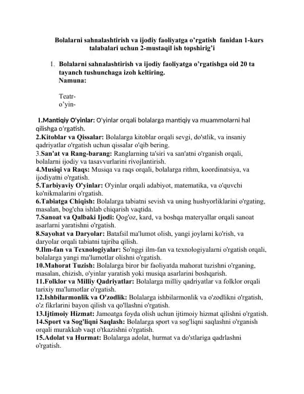 Bolalarni sahnalashtirish va ijodiy faoliyatga o’rgatish fanidan 1-kurs talabalari uchun 2-mustaqil ish topshirig'i