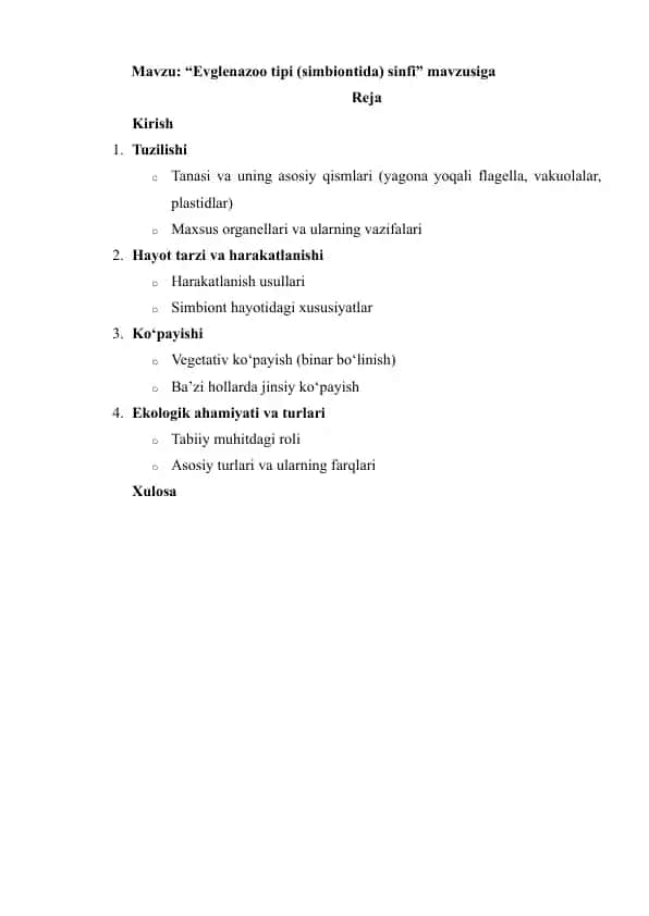 Evglenazoo tipi (simbiontida) sinfi