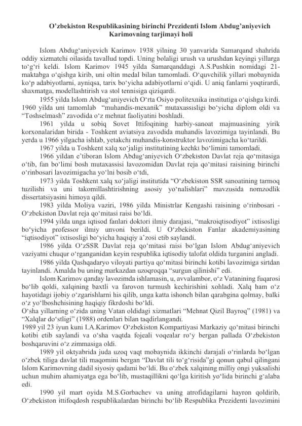 Islom Abdug'aniyevich Karimovning tarjimayi holi