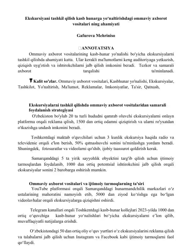 Ekskursiyani tashkil qilish kasb hunarga yoʻnaltirishdagi ommaviy axborot vositalari ning ahamiyati