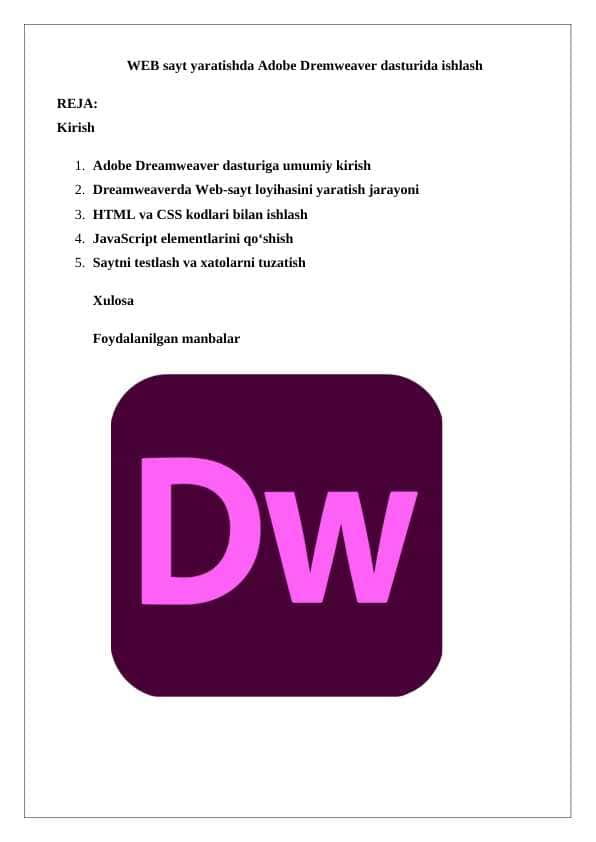 WEB sayt yaratishda Adobe Dreamweaver dasturida ishlash