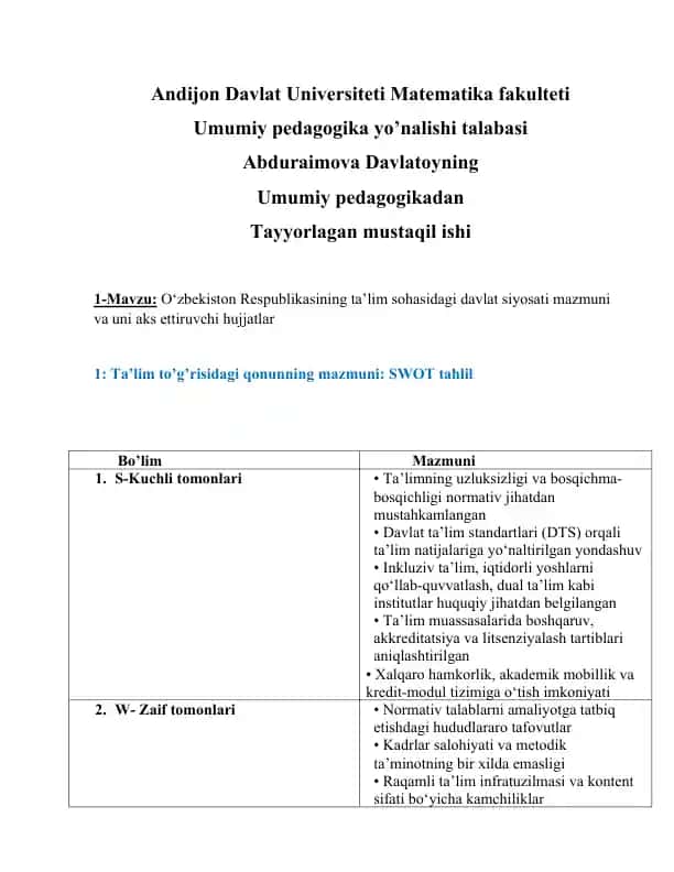 O‘zbekiston Respublikasining ta’lim sohasidagi davlat siyosati mazmuni va uni aks ettiruvchi hujjatlar
