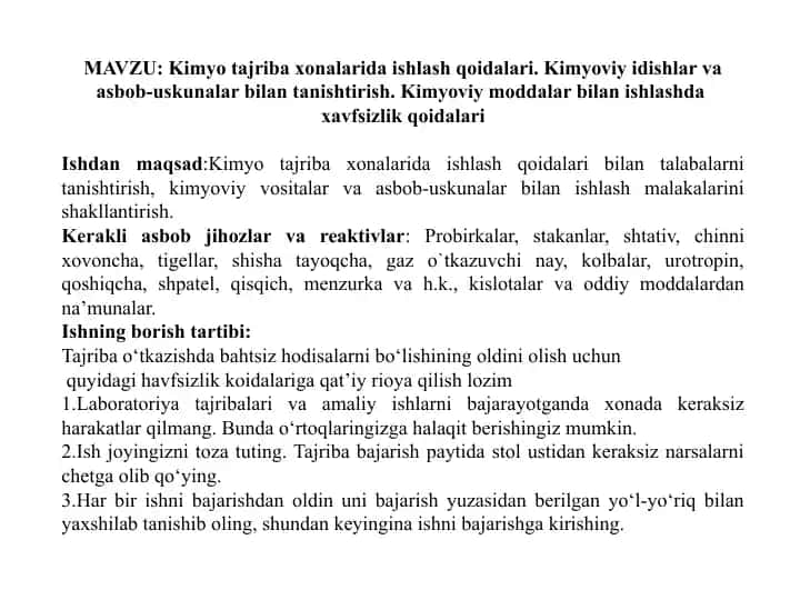 Kimyotajribaxonalarida ishlash qoidalari