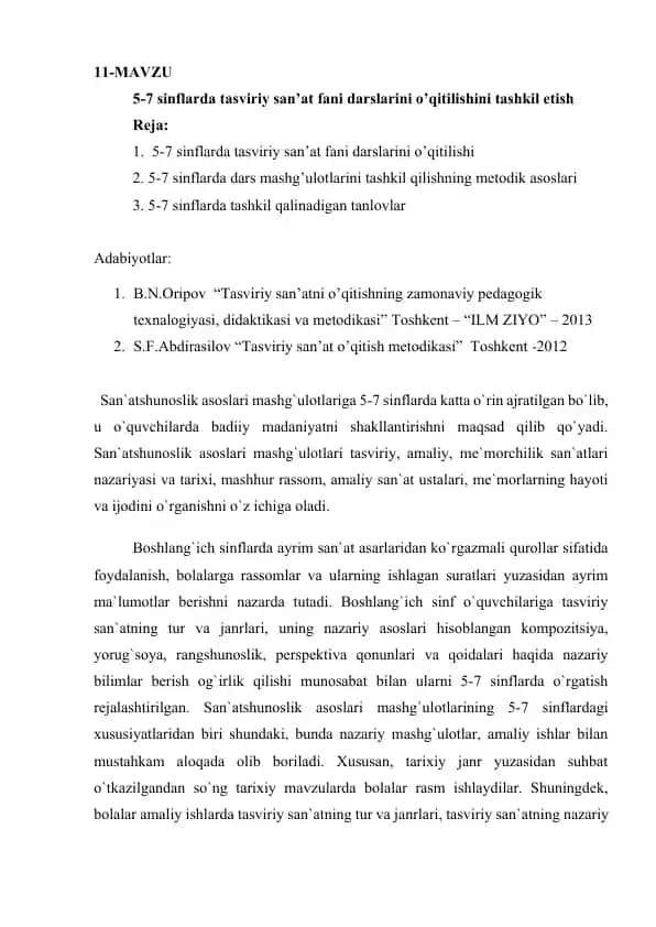 Tasviriy san’at fani darslarini o’qitilishi
