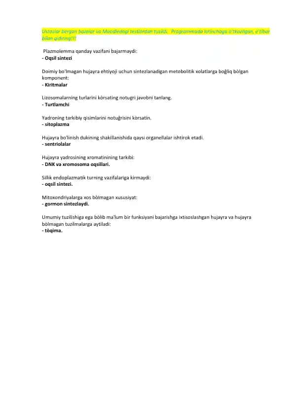 Biologiya test savollari