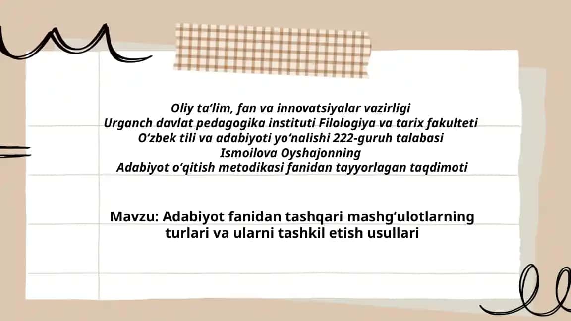 Adabiyot fanidan tashqari mashgʻulotlarning turlari va ularni tashkil etish usullari