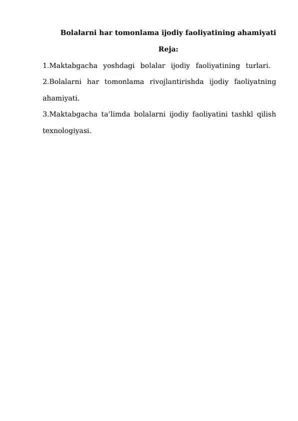 Maktabgacha yoshdagi bolalar ijodiy faoliyatining turlari