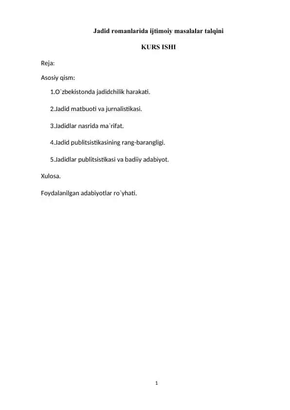 Jadid romanlarida ijtimoiy masalalar talqini