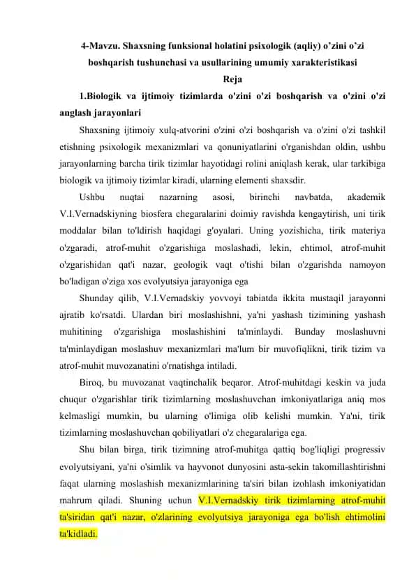 Shaxsning funksional holatini psixologik o’zini o’zi boshqarish tushunchasi va usullarining umumiy xarakteristikasi
