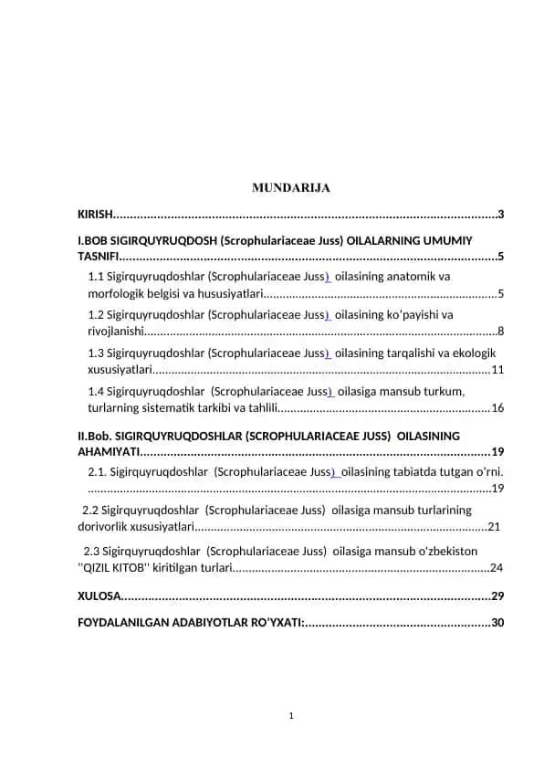 Bob Sigirquyruqdoshlar (Scrophulariaceae Juss) oilasining umumiy tasnifi