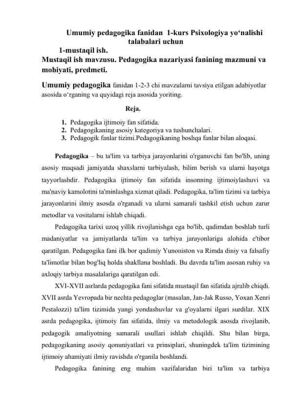 Pedagogika mavzusidagi mustaqil ish