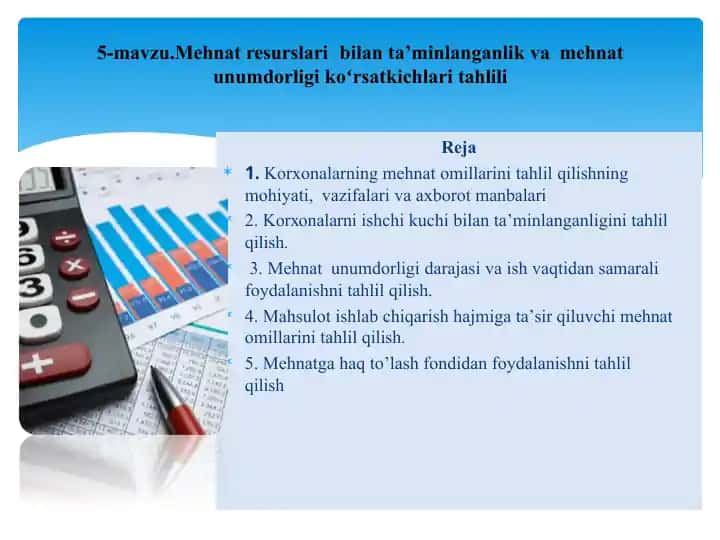 Mehnat resurslari bilan ta’minlanganlik va mehnat unumdorligi koʻrsatkichlari tahlili
