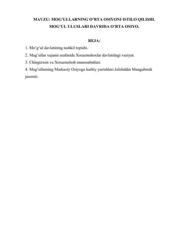 Mo‘g‘ullarning O‘rta Osiyoni Istilo Qilishi