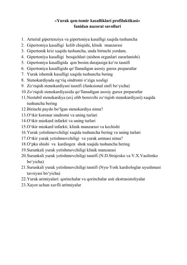Yurak qon-tomir kasalliklari profilaktikasi fanidan nazorat savollari