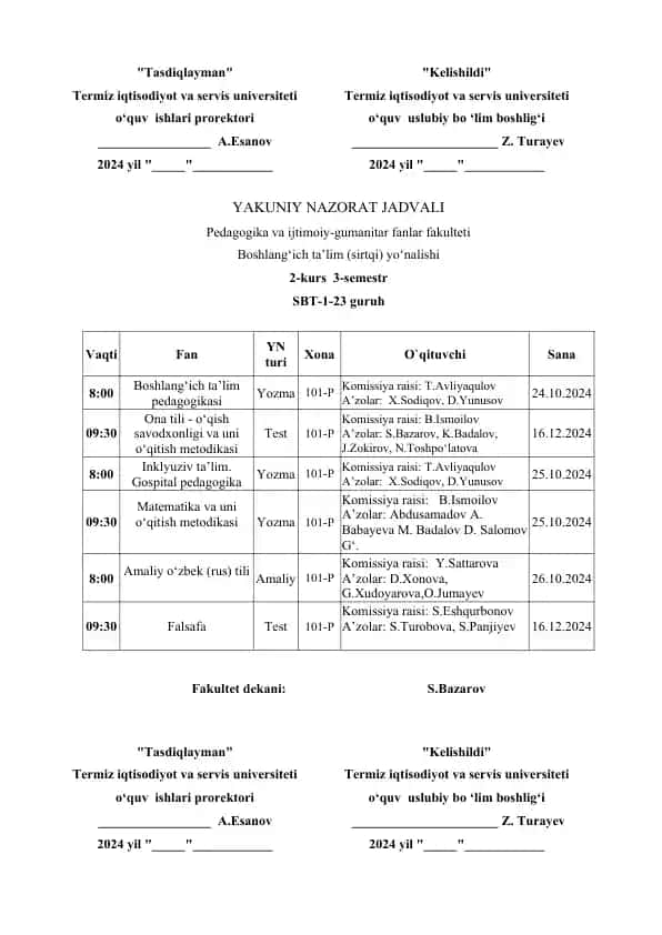Yakuniy nazorat jadvali