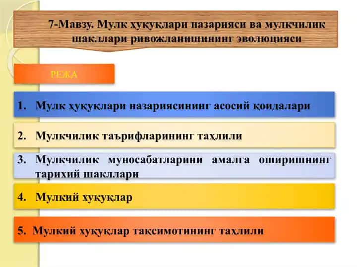 Мулк ҳуқуқлари назарияси ва мулкчилик шакллари ривожланишининг эволюцияси