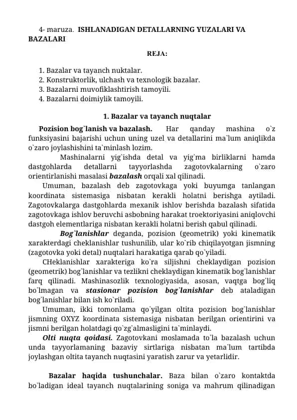 ISHLANADIGAN DETALLARNING YUZALARI VA BAZALARI