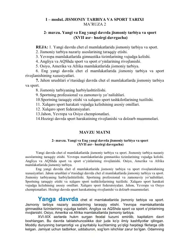 Yangi va Eng yangi davrda jismoniy tarbiya va sport